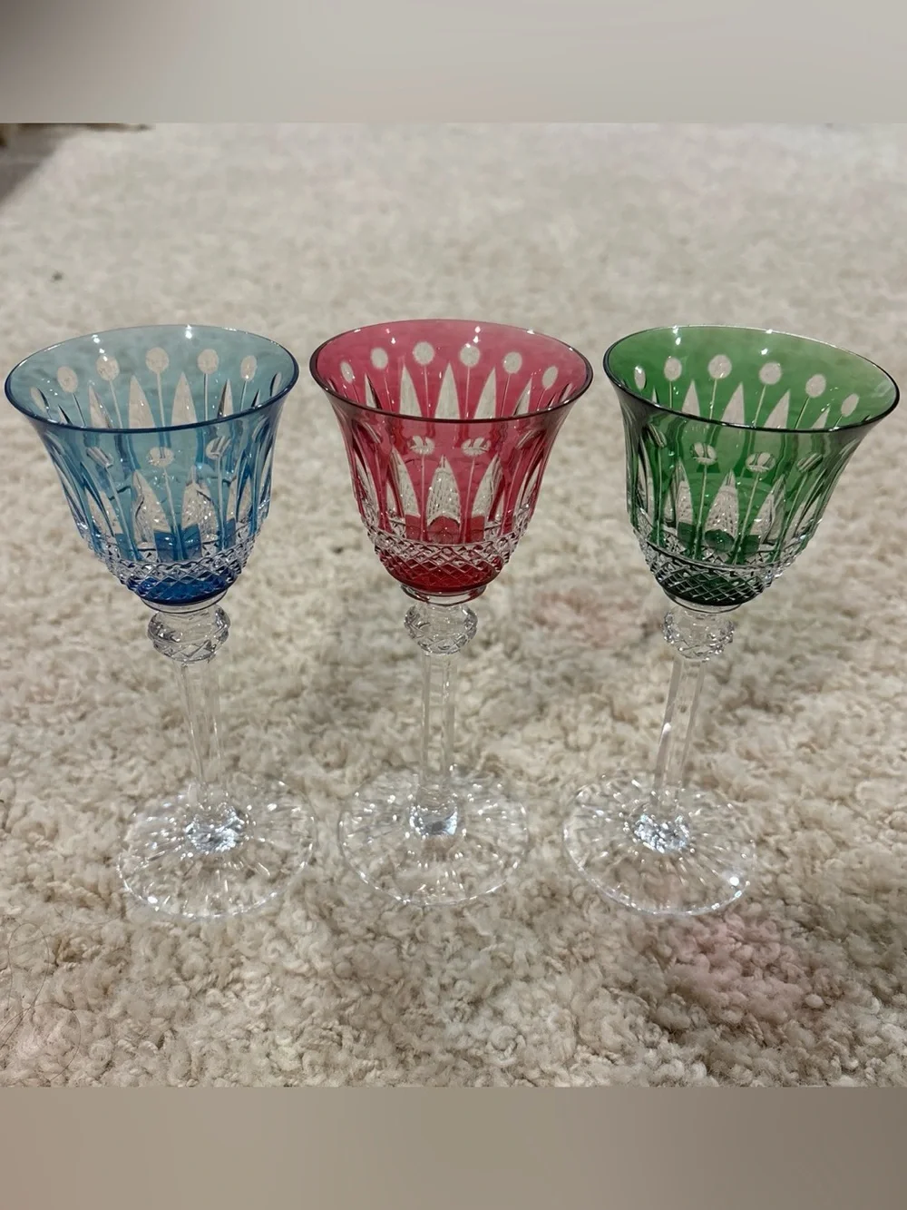 VTG Saint Louis Tommy Set of 3 Colored Crystal Cocktail Glasses Blue Red & Green